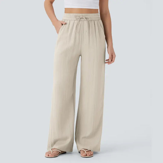 🥳34% OFF today!! 🥳High Waisted Drawstring Wide Leg Casual Linen-Feel Soft Touch Trousers with Side Pockets