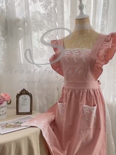 Washed Cotton Linen Lace Aprons Cooking Kitchen Aprons Flower Shop Garden Ruffles Work Clean Apron for Woman Overalls Dress