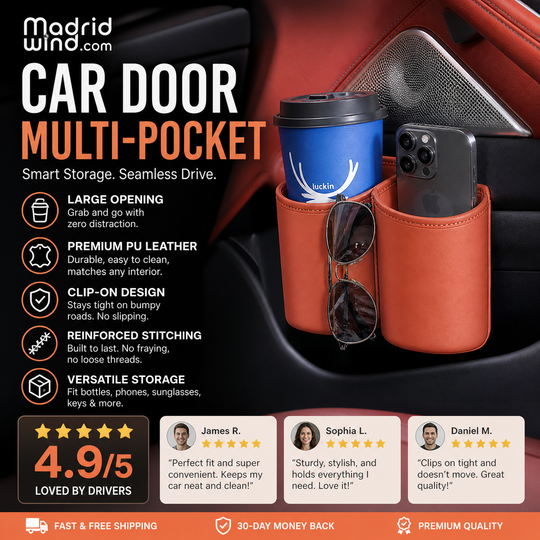 🚗 66% OFF! 🧺Leather Car Door Cup Holder – Wide‑mouth opening, easy reach for drinks & phone. Clip‑on secure fit. PU leather, tough & stylish. 🛡️✨