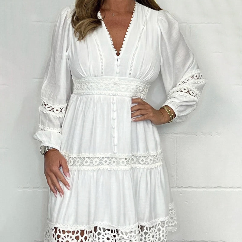 Women's White Vintage Hollow Out Lace V-Neck Dress