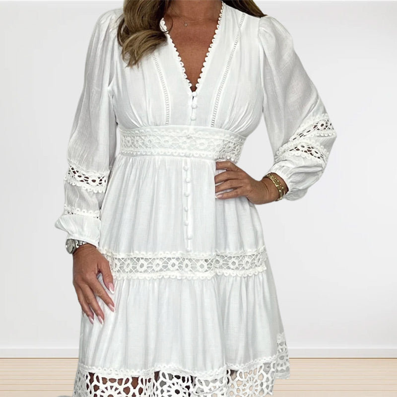 Women's White Vintage Hollow Out Lace V-Neck Dress