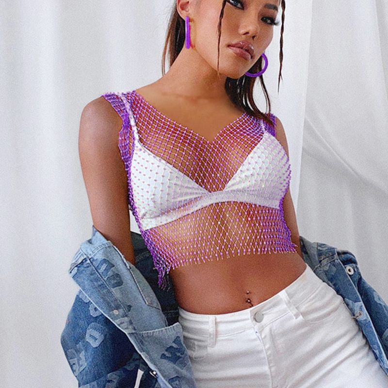 Fascinating Rhinestone-Embellished Fishnet Crop Top