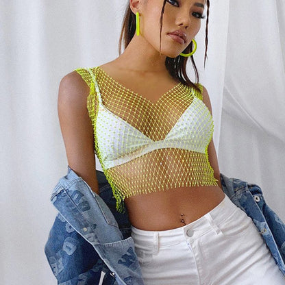 Fascinating Rhinestone-Embellished Fishnet Crop Top