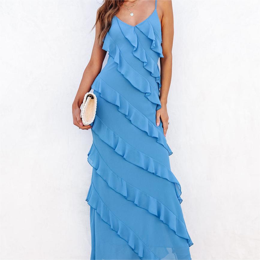 Spaghetti Strap Split Hem Ruffle Slim Dress