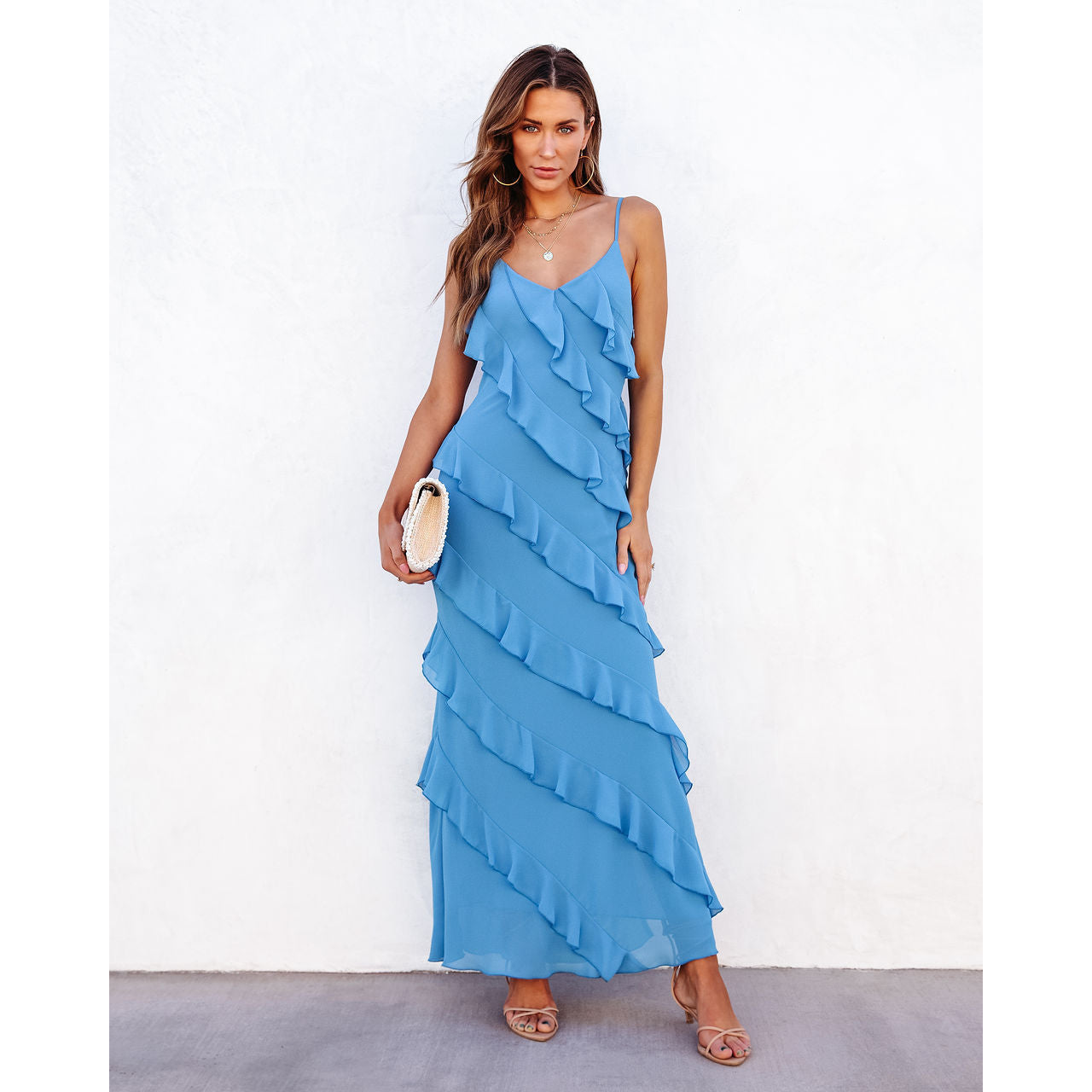 Spaghetti Strap Split Hem Ruffle Slim Dress