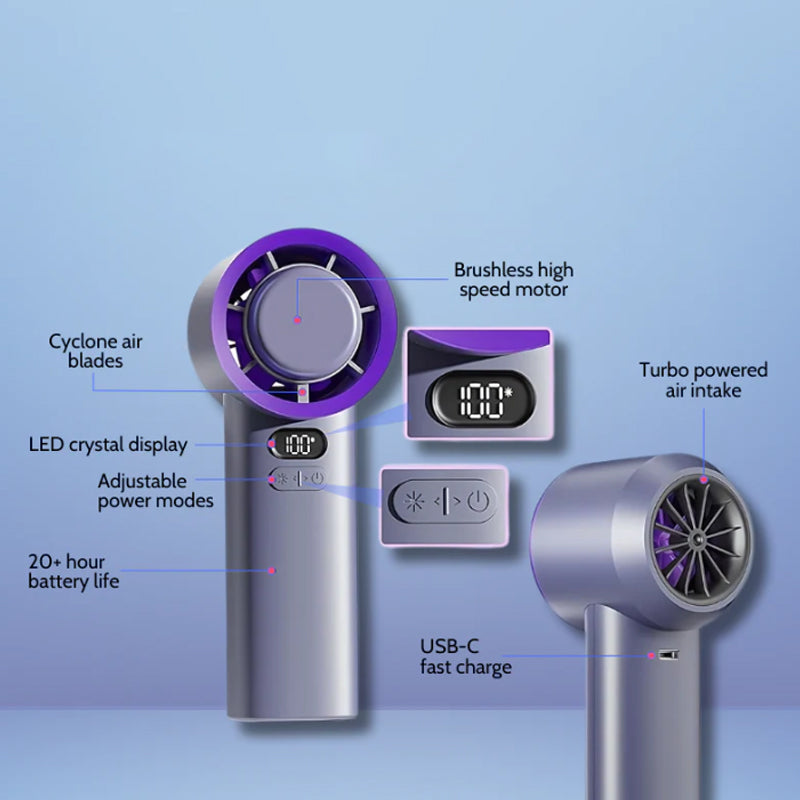 Prijenosni ručni ventilator, podesiva brzina (1-100), mini turbo ventilator, punjiva baterija od 5000 mAh s metalnim kućištem, digitalni zaslon, pokloni za žene i muškarce, putovanja/kampiranje/boravak na otvorenom - siva