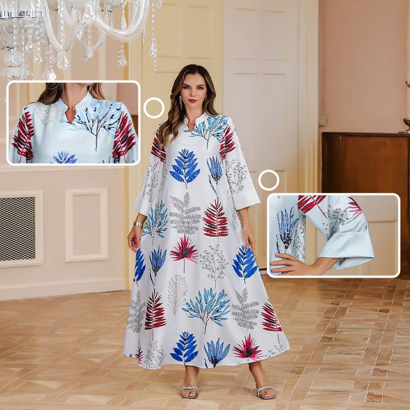 Women’s Elegant Loose Fit Leaf Print Flowy Long Dress