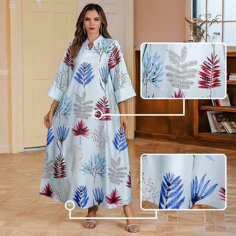 Women’s Elegant Loose Fit Leaf Print Flowy Long Dress