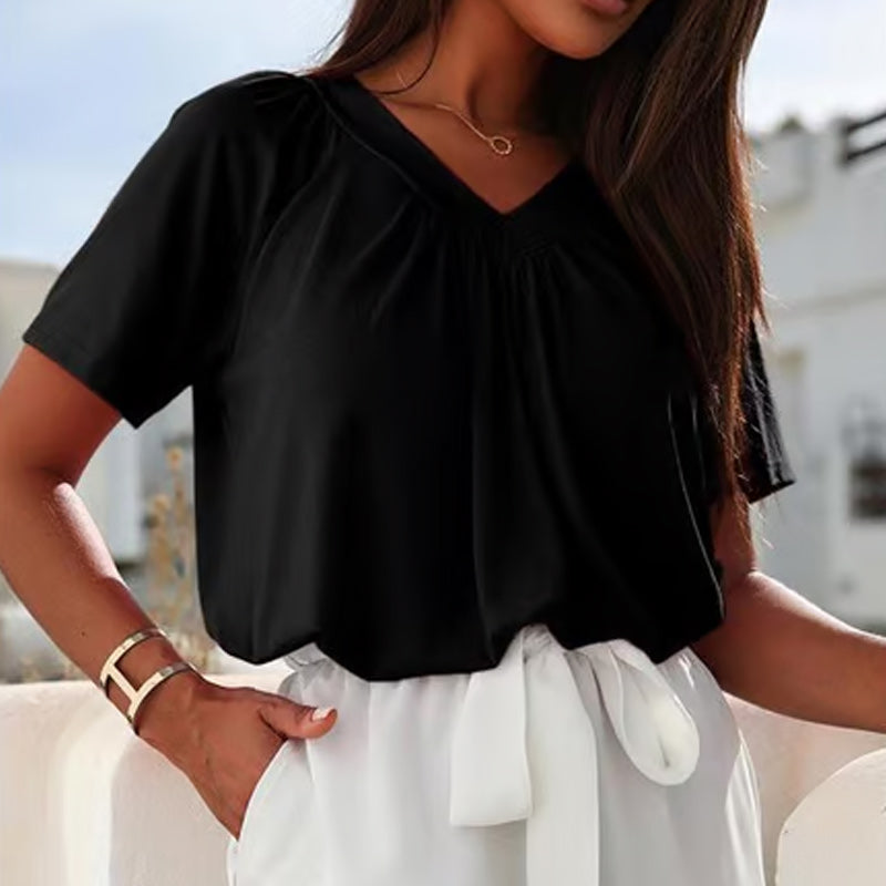 🎁Summer Hot Sale 50% OFF⏳Women's Casual Pleated V-Neck Short-Sleeve Top