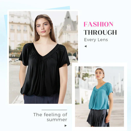 🎁Summer Hot Sale 50% OFF⏳Women's Casual Pleated V-Neck Short-Sleeve Top
