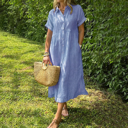 🎉Speciale aanbiedingen van deze week - 50% KORTING✨Gestreepte revers-overhemdjurk met knoopjes | Met functionele zakken