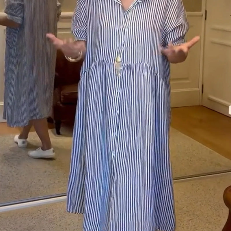 🎉Speciale aanbiedingen van deze week - 50% KORTING✨Gestreepte revers-overhemdjurk met knoopjes | Met functionele zakken