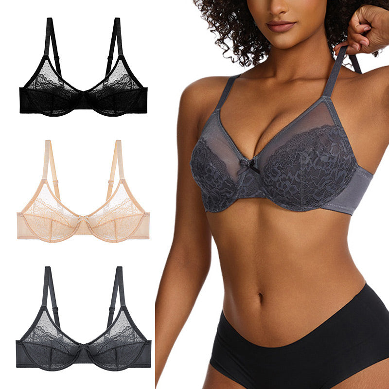 💕Lacsper Daisy minimizer Bra Floral Lace Unlined Comfort Non-Padded Full Coverage Plus Size Underwire with Supportive Under Band Comfortable Fit