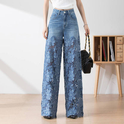 😍New Style Special Price👖Women's high-waisted hollow lace denim wide-leg pants