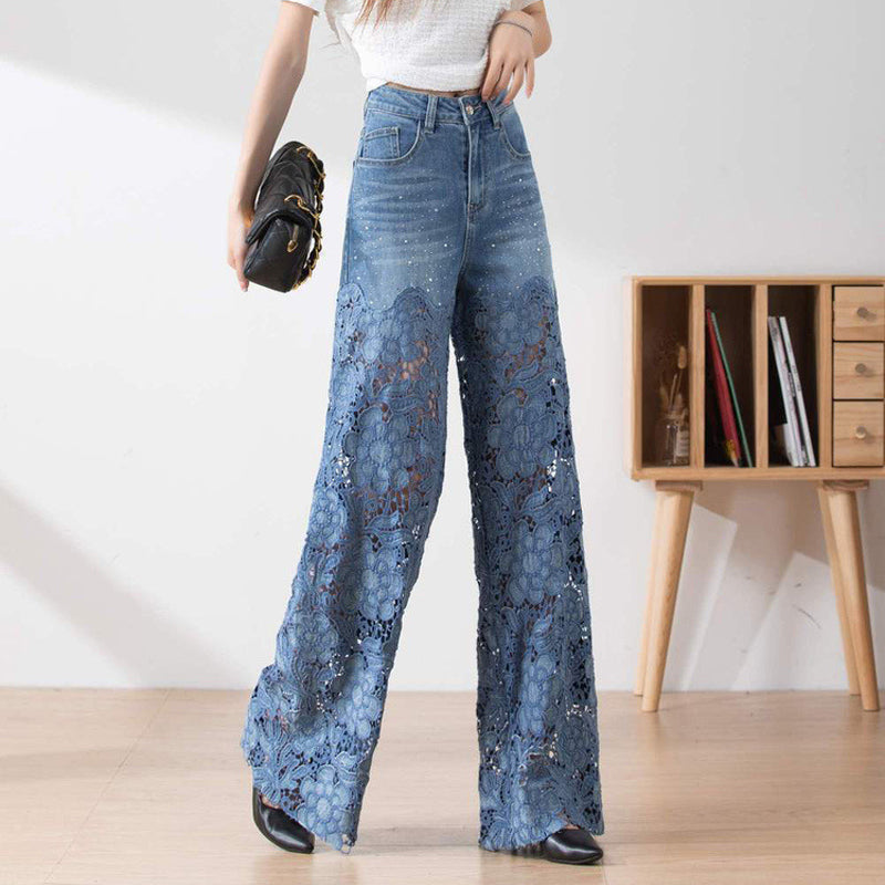 😍New Style Special Price👖Women's high-waisted hollow lace denim wide-leg pants