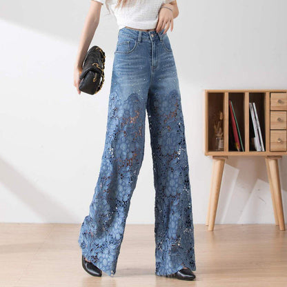 😍New Style Special Price👖Women's high-waisted hollow lace denim wide-leg pants