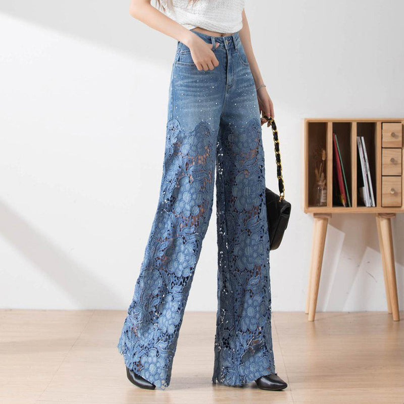 😍New Style Special Price👖Women's high-waisted hollow lace denim wide-leg pants