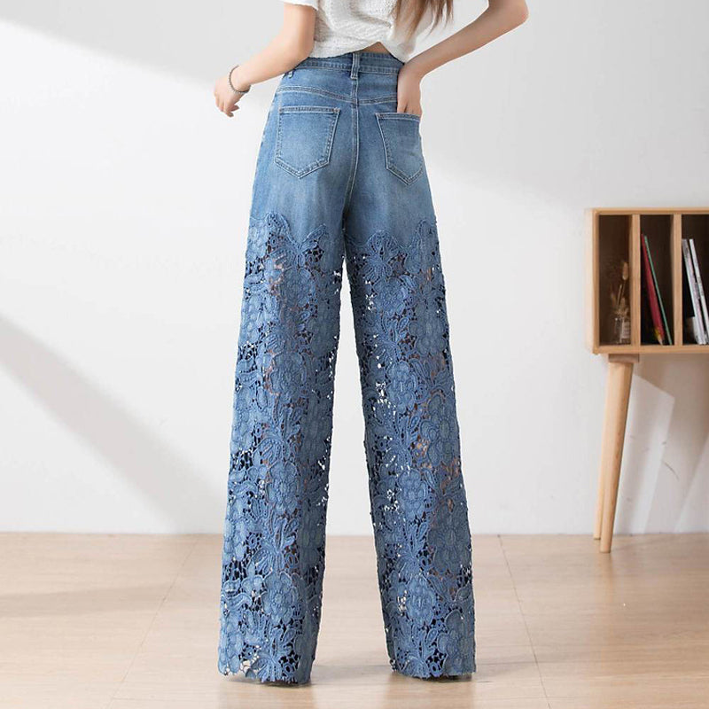 😍New Style Special Price👖Women's high-waisted hollow lace denim wide-leg pants