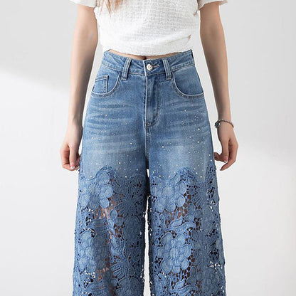 😍New Style Special Price👖Women's high-waisted hollow lace denim wide-leg pants