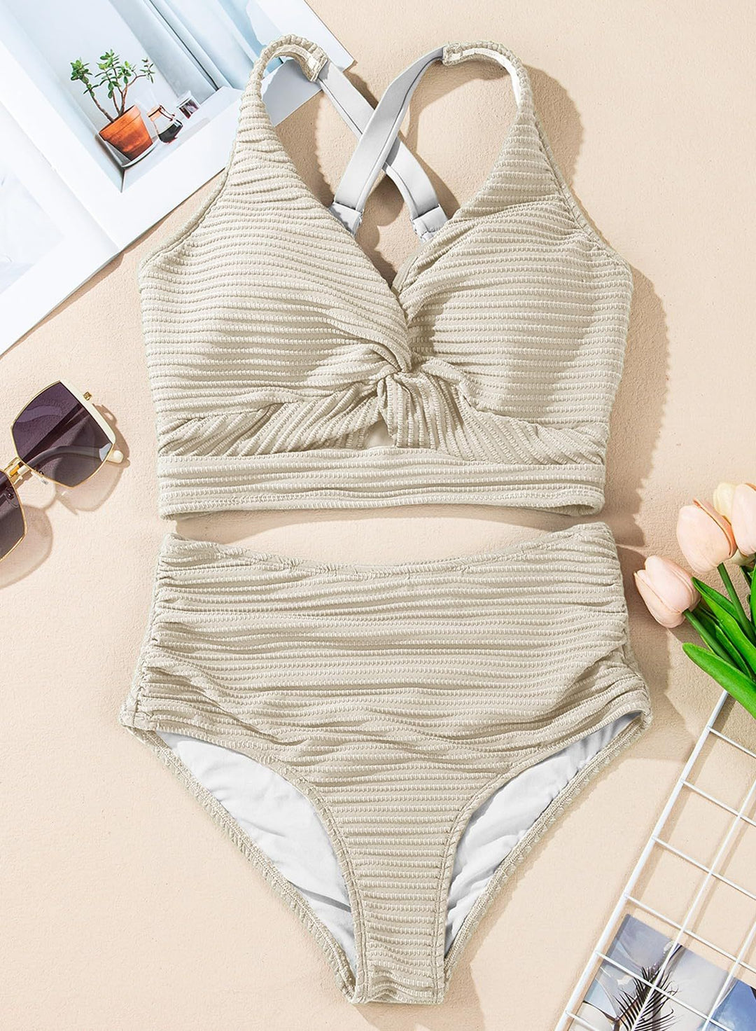 💃2025 m. Naujas tipas – 50 % nuolaida 👙Tekstūruotas bikinio komplektas su mazgu priekyje, aukštu liemeniu