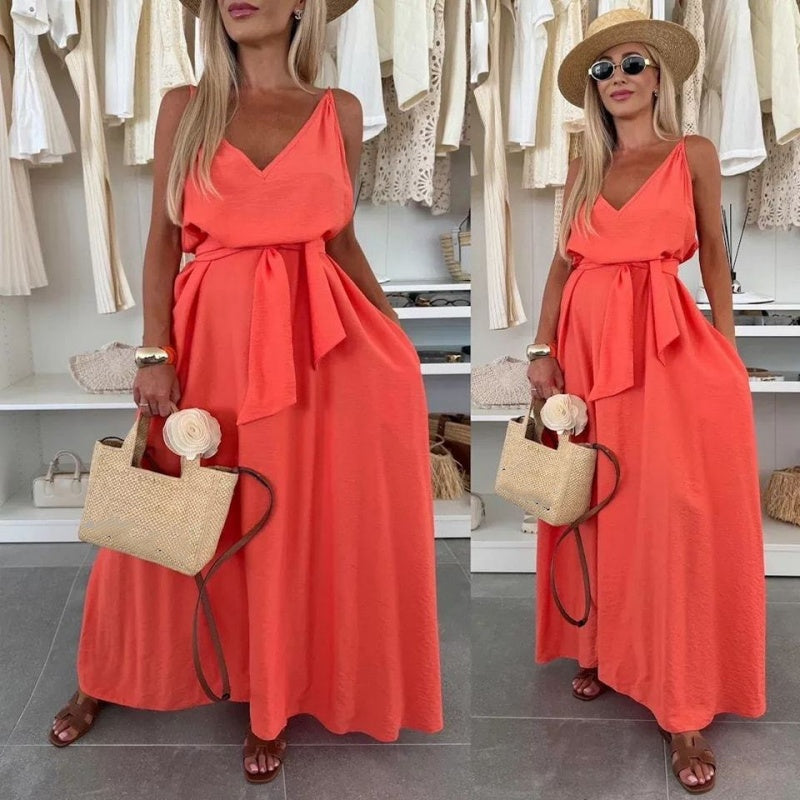 💜LAST DAY PROMOTION - 60%OFF💜Women’s Spaghetti Strap Maxi Dress with Waist Tie