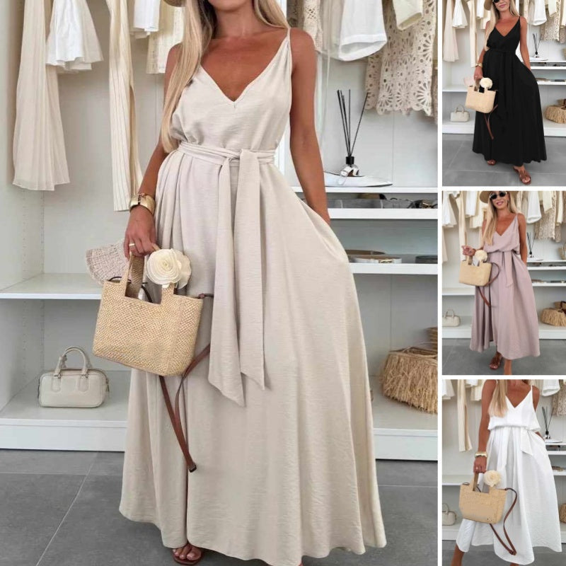 💜LAST DAY PROMOTION - 60%OFF💜Women’s Spaghetti Strap Maxi Dress with Waist Tie