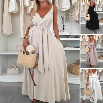 💜LAST DAY PROMOTION - 60%OFF💜Women’s Spaghetti Strap Maxi Dress with Waist Tie