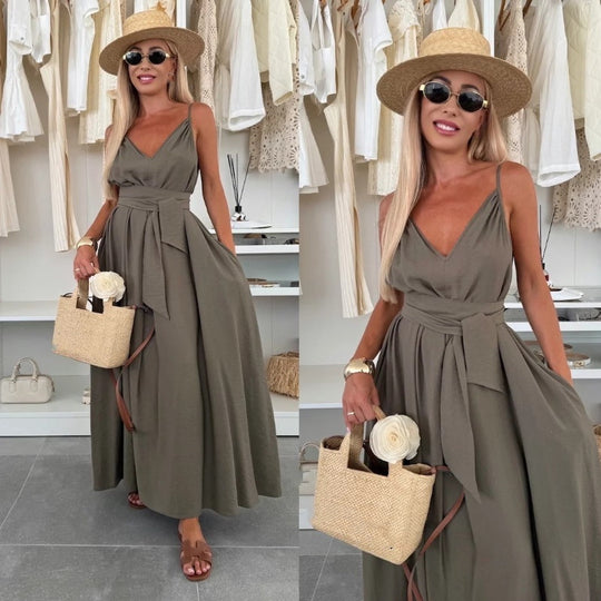 💜LAST DAY PROMOTION - 60%OFF💜Women’s Spaghetti Strap Maxi Dress with Waist Tie