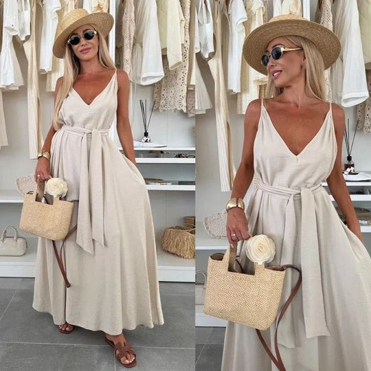 💜LAST DAY PROMOTION - 60%OFF💜Women’s Spaghetti Strap Maxi Dress with Waist Tie