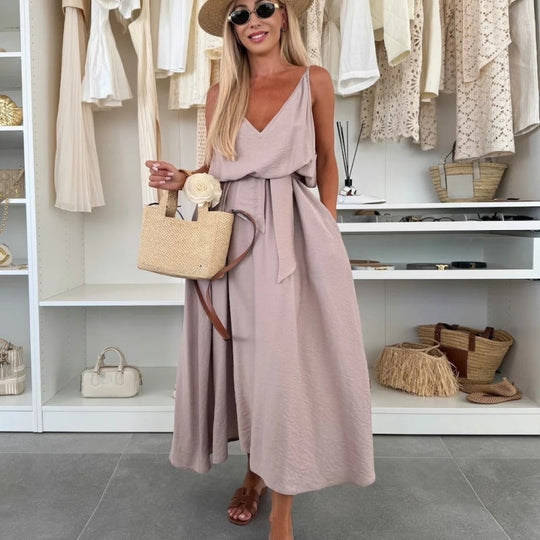 💜LAST DAY PROMOTION - 60%OFF💜Women’s Spaghetti Strap Maxi Dress with Waist Tie