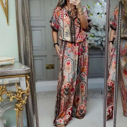 ✨ Stijlvolle 2-delige set: damesset met bedrukte top en broek met wijde pijpen, 2-delig