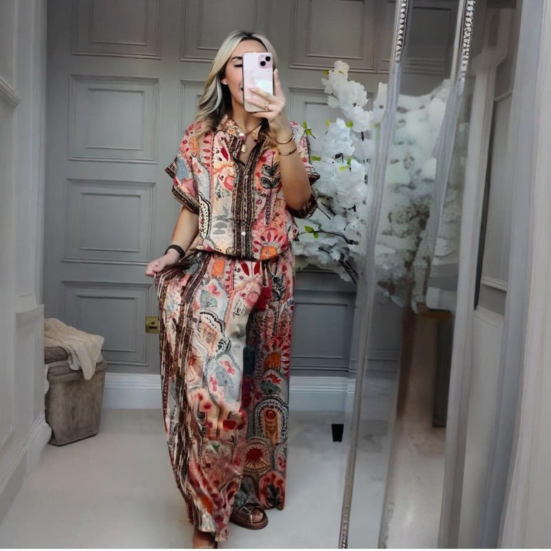 ✨ Stijlvolle 2-delige set: damesset met bedrukte top en broek met wijde pijpen, 2-delig