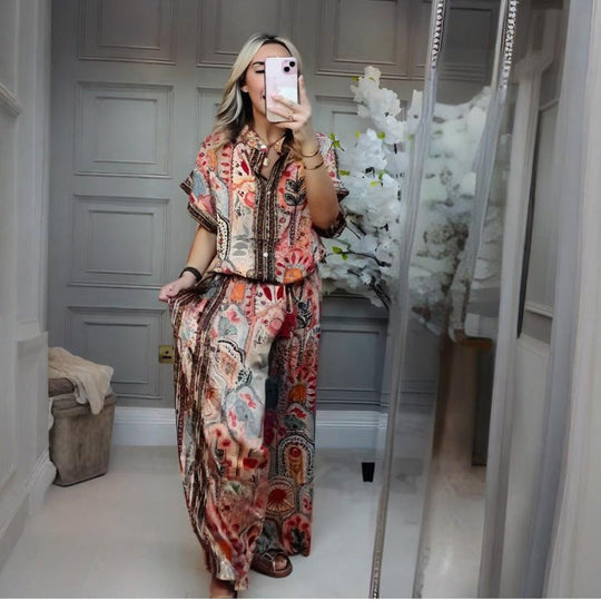 ✨ Stijlvolle 2-delige set: damesset met bedrukte top en broek met wijde pijpen, 2-delig