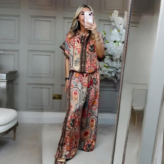 ✨ Stijlvolle 2-delige set: damesset met bedrukte top en broek met wijde pijpen, 2-delig