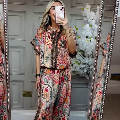 ✨ Stylish 2-Piece Co-ord: Women's Printed Top & Wide Leg Pants 2-Piece Set