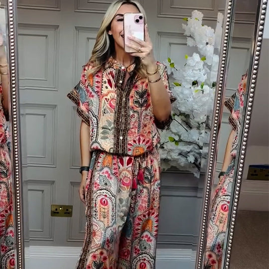 ✨ Stijlvolle 2-delige set: damesset met bedrukte top en broek met wijde pijpen, 2-delig