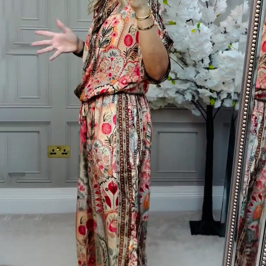 ✨ Stijlvolle 2-delige set: damesset met bedrukte top en broek met wijde pijpen, 2-delig