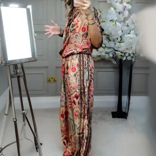 ✨ Stijlvolle 2-delige set: damesset met bedrukte top en broek met wijde pijpen, 2-delig