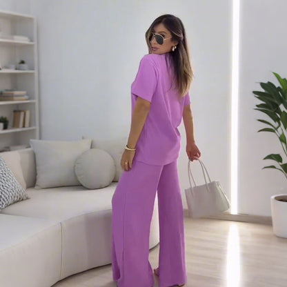 Solid Color Short Sleeve Top & Wide-Leg Pants Set