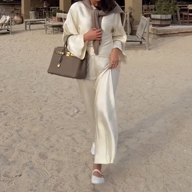 Silky and Elegant Satin Wide Neck Long Sleeve Loose Top and Elastic Waist Wide Leg Pants Set