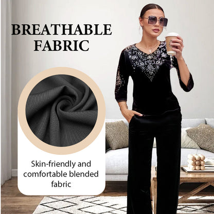 Women's Velvet Rhinestone Top & Pants Set