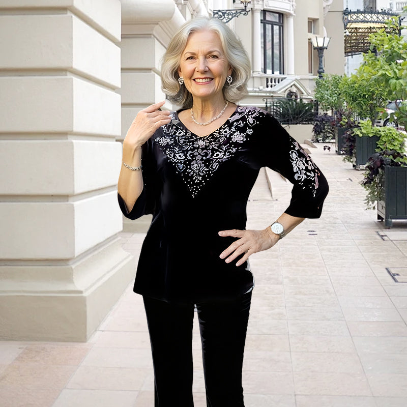 Women's Velvet Rhinestone Top & Pants Set