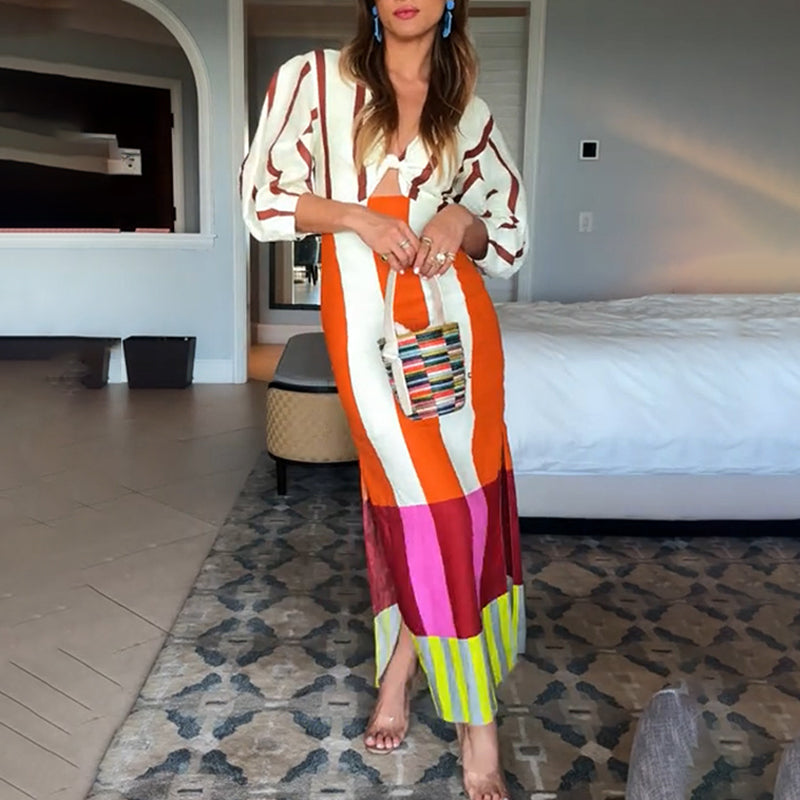 Kaya Linen Blend Barevný blokový potisk Přední výřez Maxi šaty s nabíraným rukávem uzel