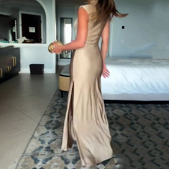 Genis hule elastiske buste høj hals ærmeløs samlet Maxi kjole