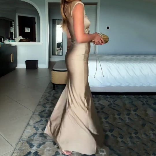 Genis hule elastiske buste høj hals ærmeløs samlet Maxi kjole