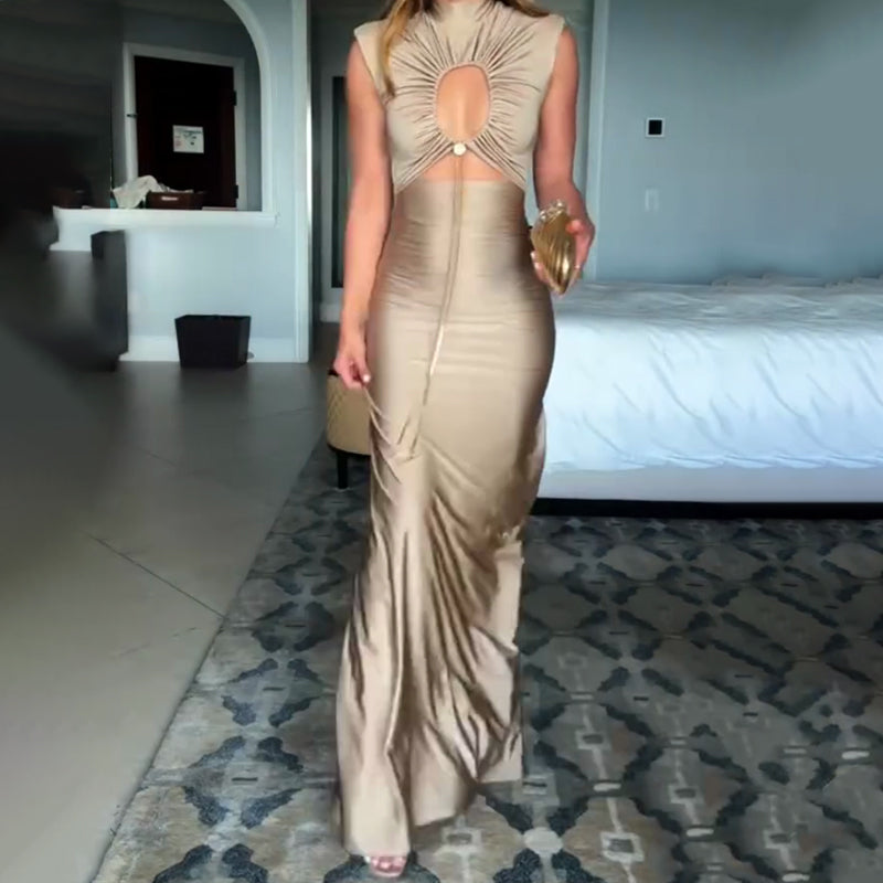 Genis hule elastiske buste høj hals ærmeløs samlet Maxi kjole