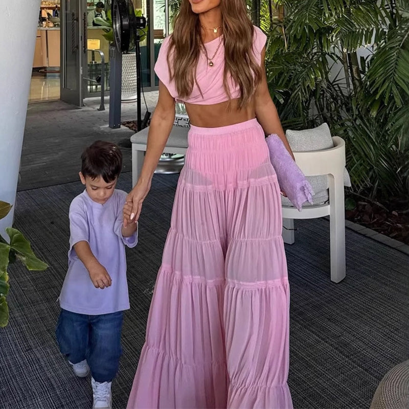 Satriecoši šifona rievoti plecu augšdaļa un elastīgi vidukļa slāņi A-līnijas Maxi svārki