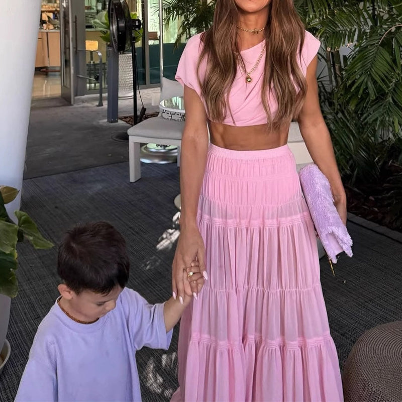 Stunning Chiffon Ruched Shoulder Crop Top & Elastic Waist Layered A-line Maxi Skirt