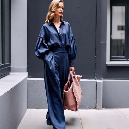 Vienkrāsains atloks ar garām piedurknēm brīvs krekls un ikdienas platu bikšu komplekts