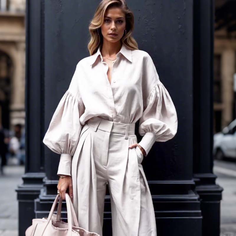 Vienkrāsains atloks ar garām piedurknēm brīvs krekls un ikdienas platu bikšu komplekts